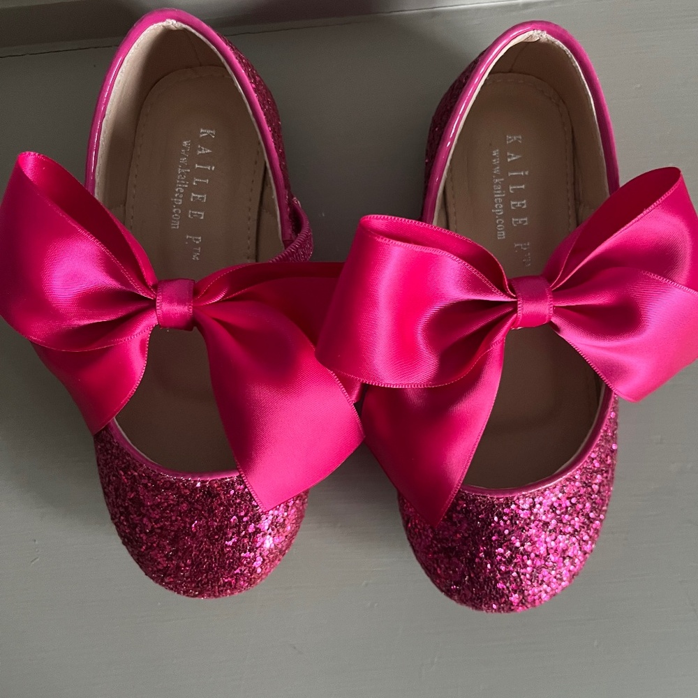 Hot pink rock glitter Maryjane flats with satin bows